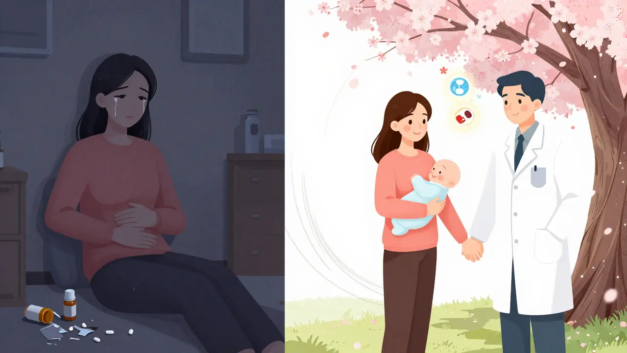 Contrasting scenes: isolated woman with broken pills vs. supported woman with psychiatrist and baby under blossoms.