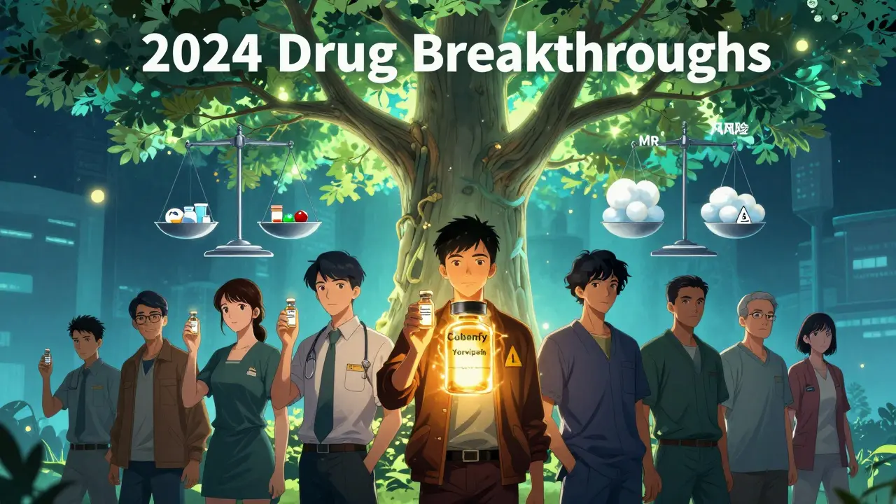 Diverse patients under a tree of new drugs, each holding vials with glowing benefits and shadowed risks, representing medical trade-offs.