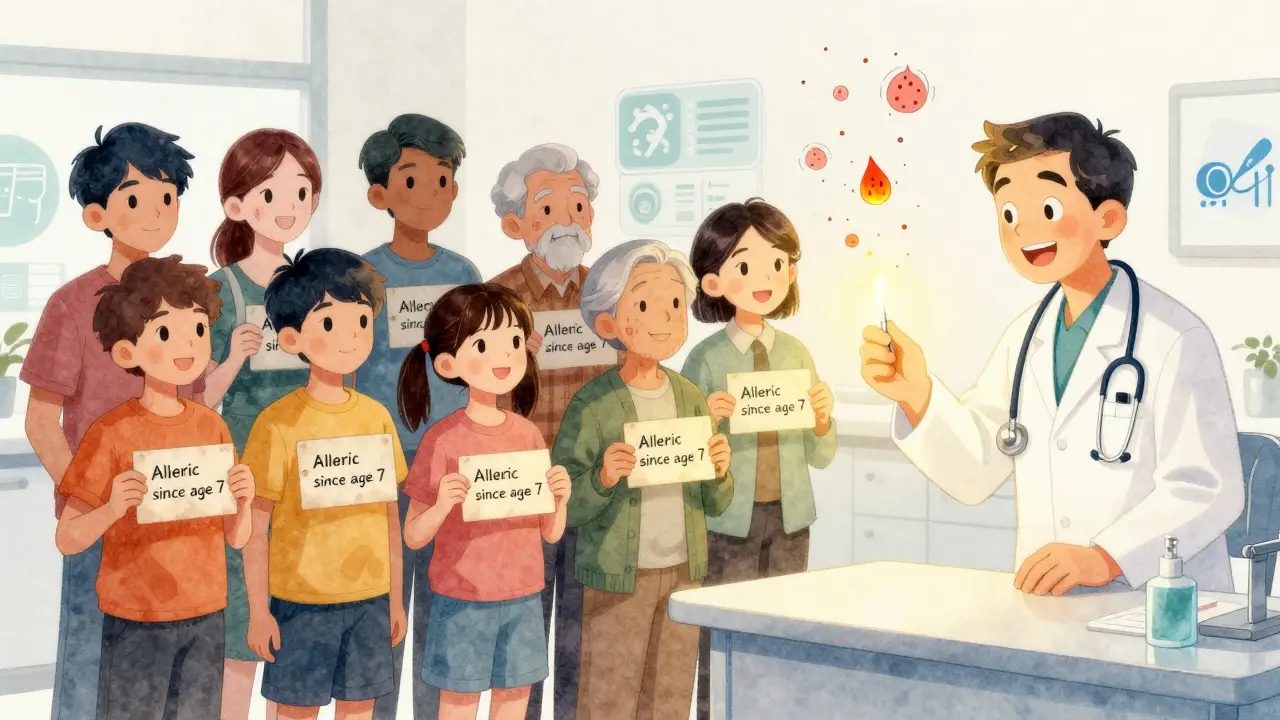 Diverse people surrender old allergy labels as allergist performs safe skin test, fading symptoms turn to confetti.