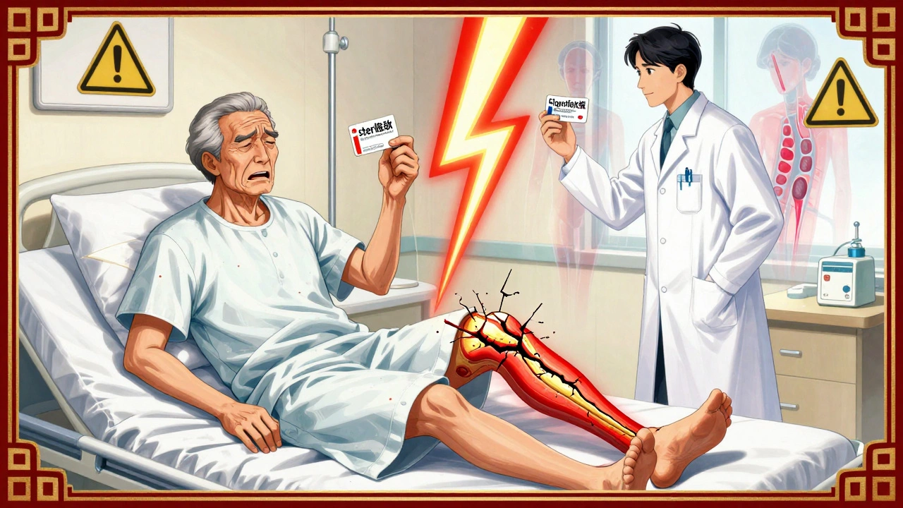 Elderly man on hospital bed with steroid and antibiotic pills, cracked tendon between them