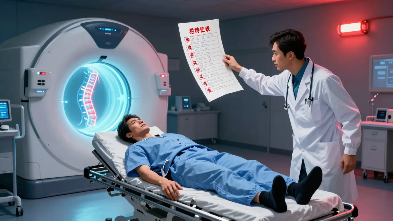 Emergency room scene with patient being rushed as MRI reveals spinal infection and red flags.