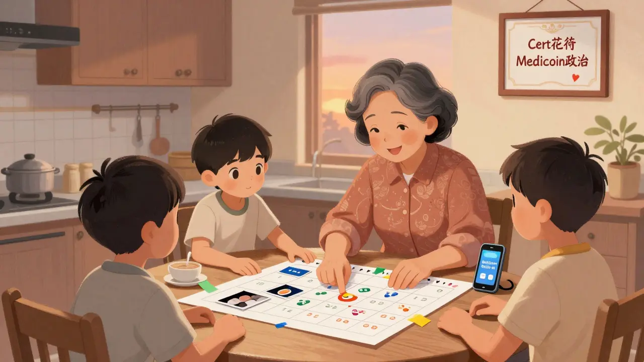 Family organizing pill photos on calendar at kitchen table, warm sunset lighting, supportive moment.