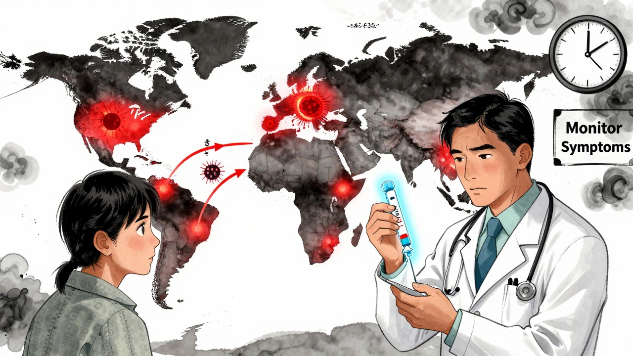 Global TB risk map with arrows to a U.S. clinic, showing TST and IGRA tests, with a clock ticking toward 3 months in manhua style.