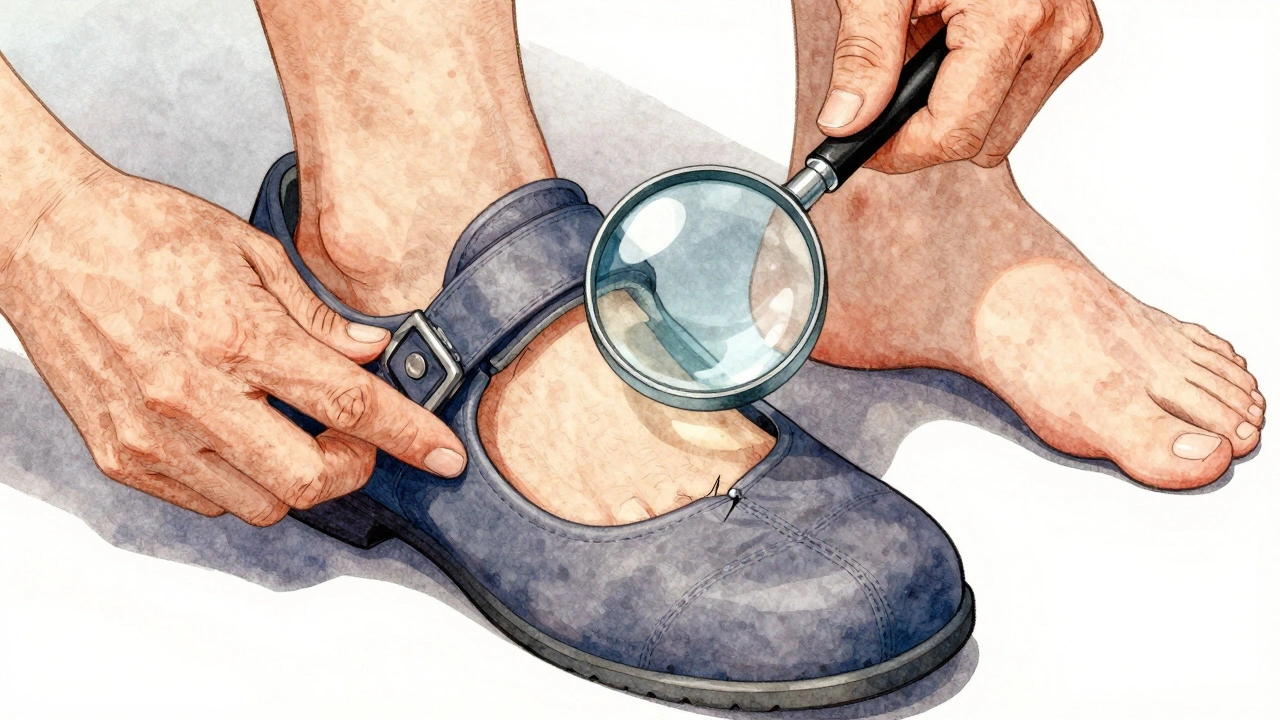 Hands examining diabetic shoes for hidden seams, with a bare foot shadow nearby.