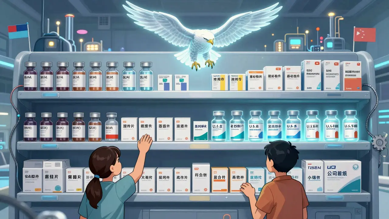 Hospital shelf with fading brand drugs, traditional generics, and glowing U.S.-made authorized generics.