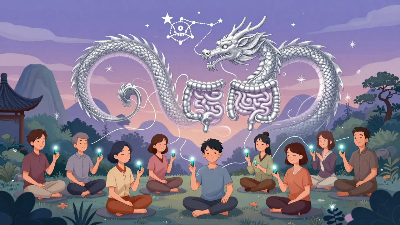 IBS patients connected by menthol threads to a dragon-shaped gut, under a starry sky with Rome Foundation symbol.