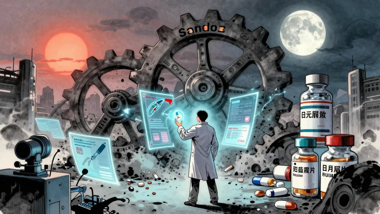 Innovator holding new drug prototype as expired patents fade, while a gear labeled 'Sandoz' crushes old brand logos.