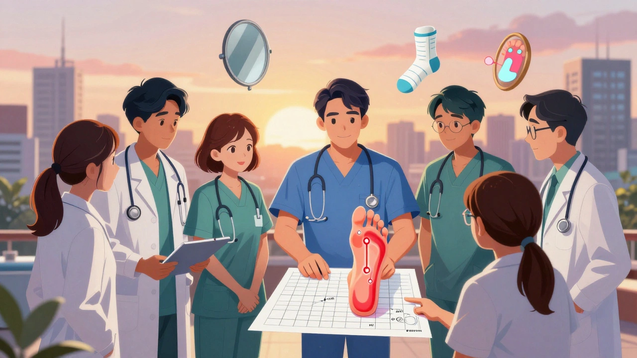 Medical team reviewing a foot chart with glowing warning signs, symbolizing integrated care.