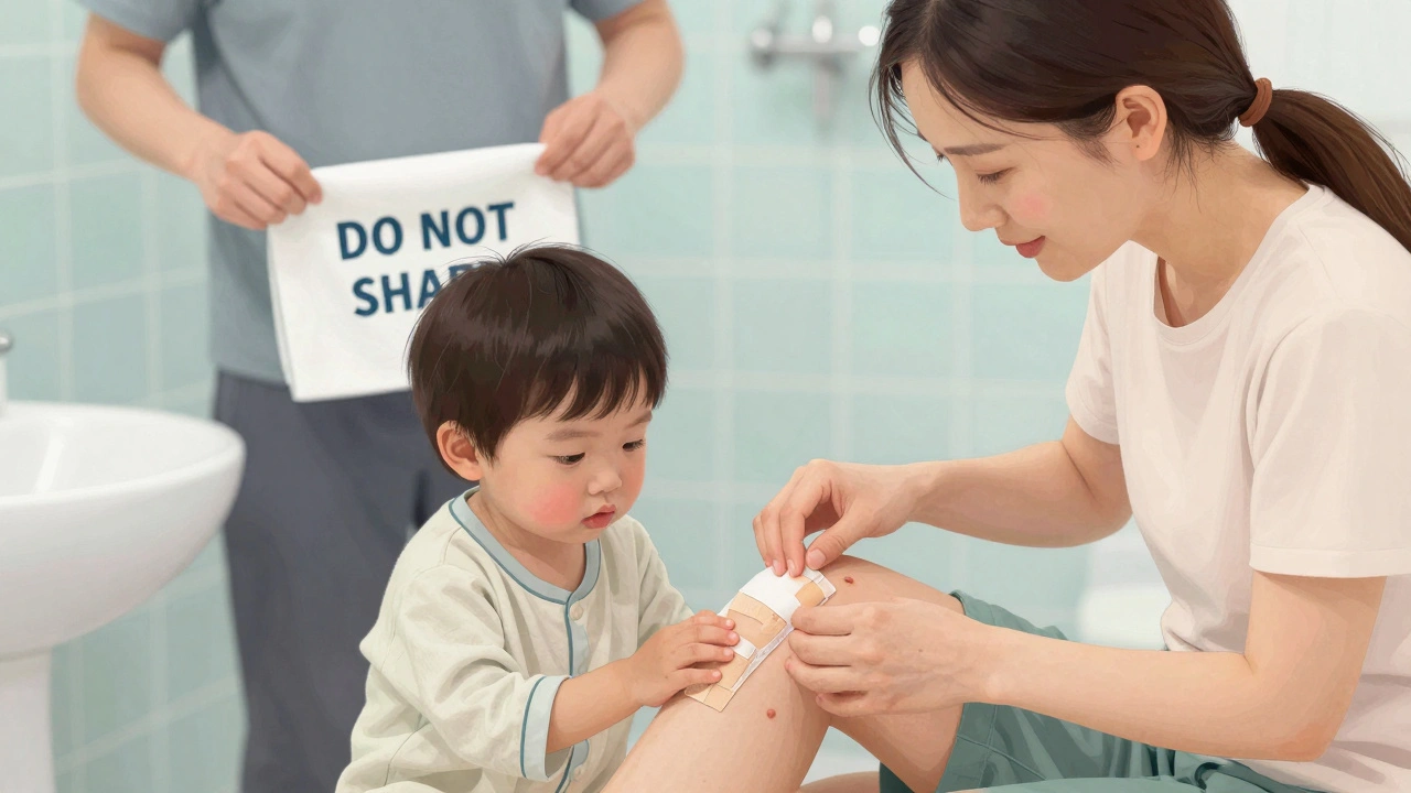 Mother applying waterproof bandages to child&#039;s bump while father holds labeled towel.