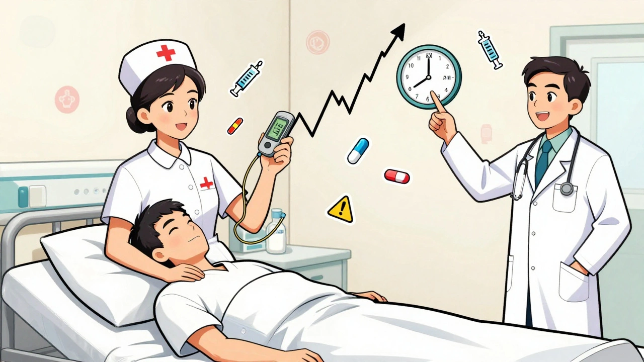 Nurse shows jagged glucose graph from CGM above patient’s bed with clock icons indicating timing issues.