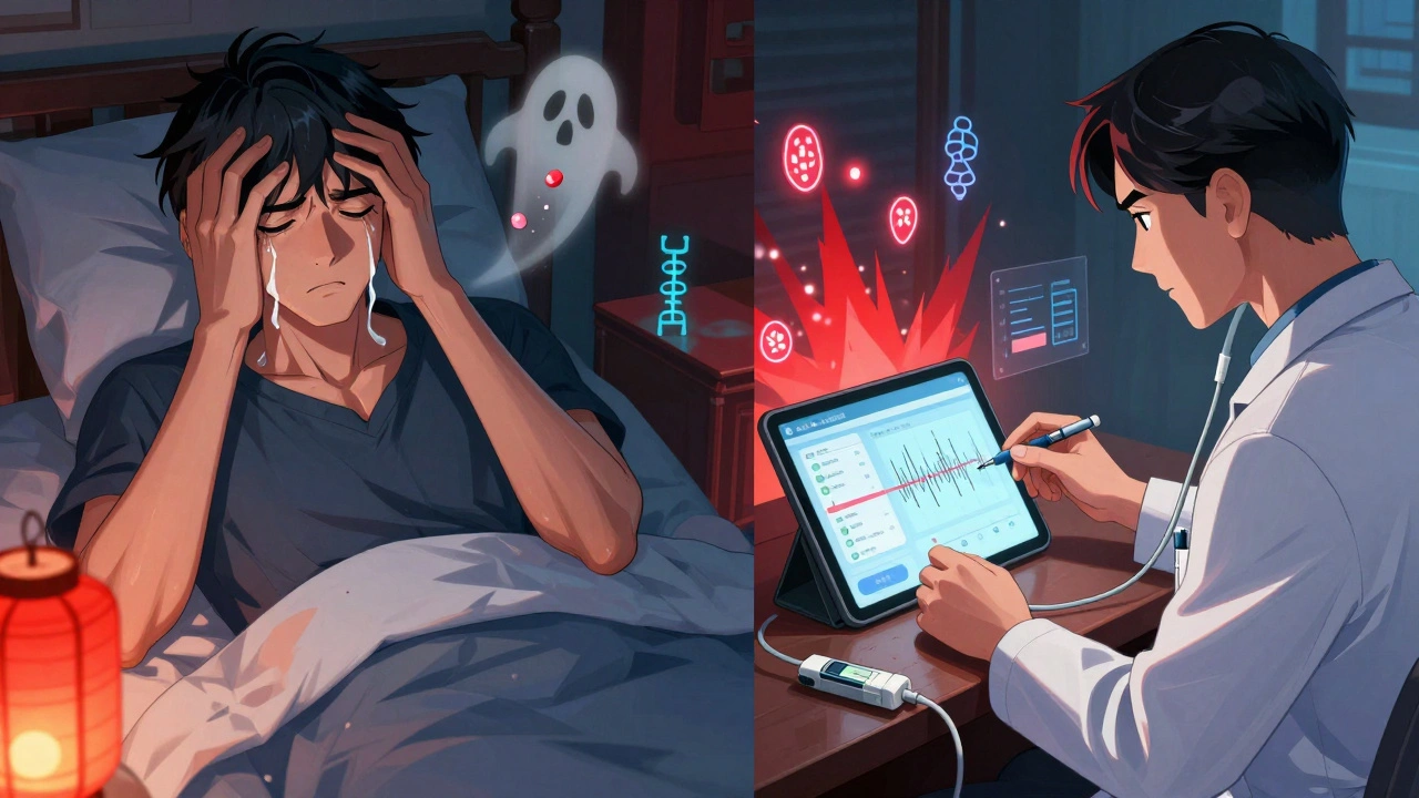 Patient dizzy during steroid taper, clinician adjusts insulin using AI prediction interface with genetic symbols.