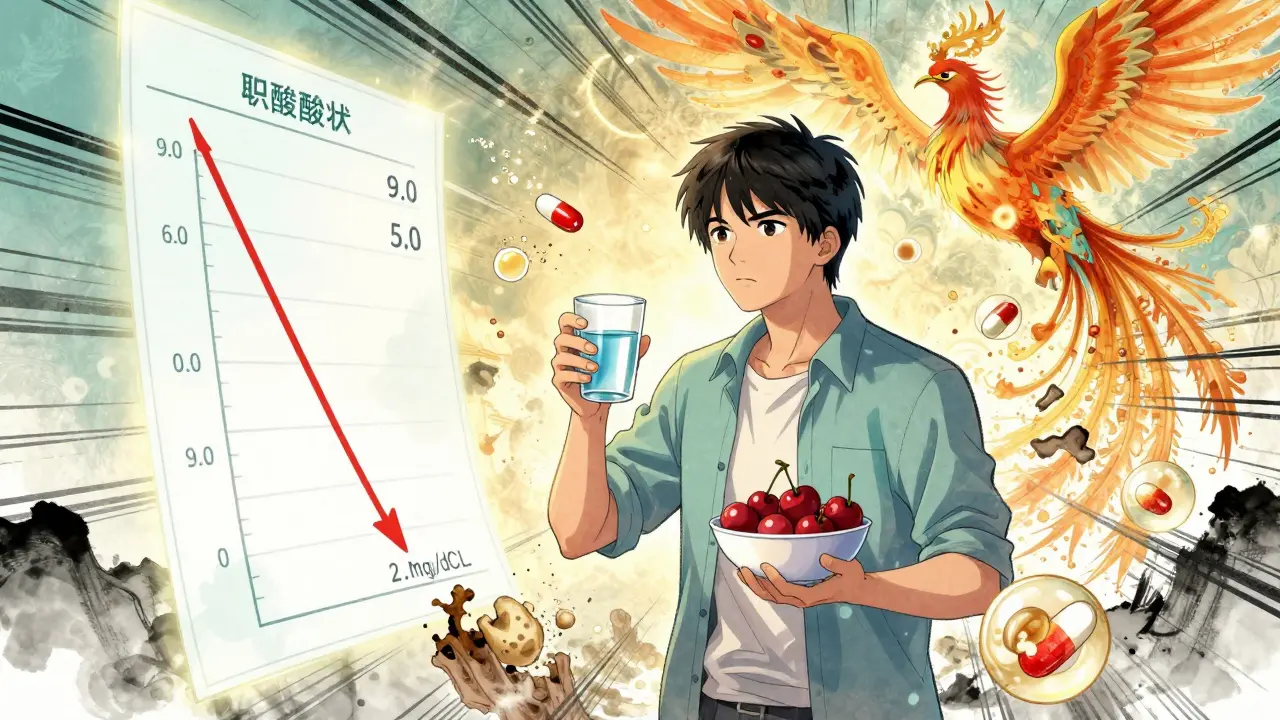 Patient holding water and cherries as uric acid levels drop, tophi shrinking, phoenix symbolizing recovery.