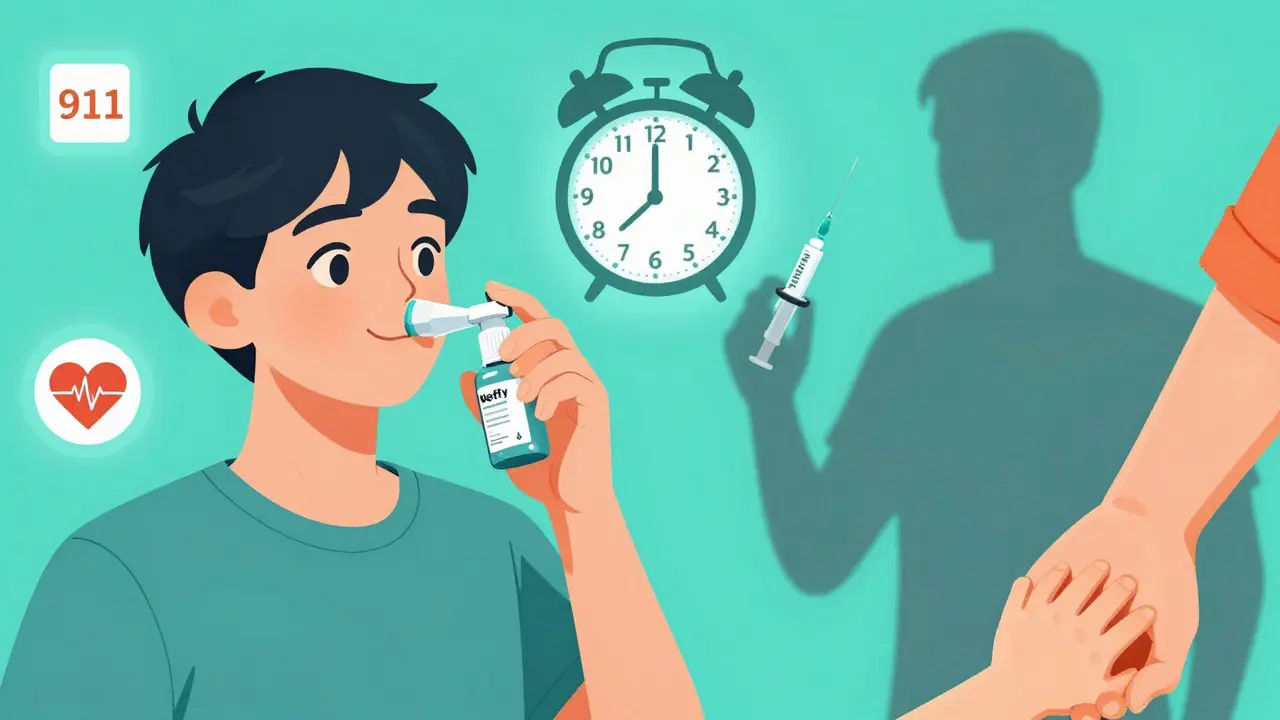 Patient using nasal spray for allergic reaction, with clock and emergency icons nearby, symbolizing faster but delayed treatment.