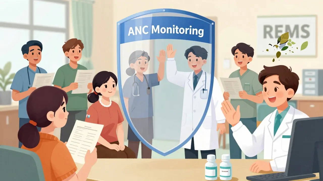 Patients and doctors celebrating safely accessing clozapine with ANC monitoring as a protective shield.