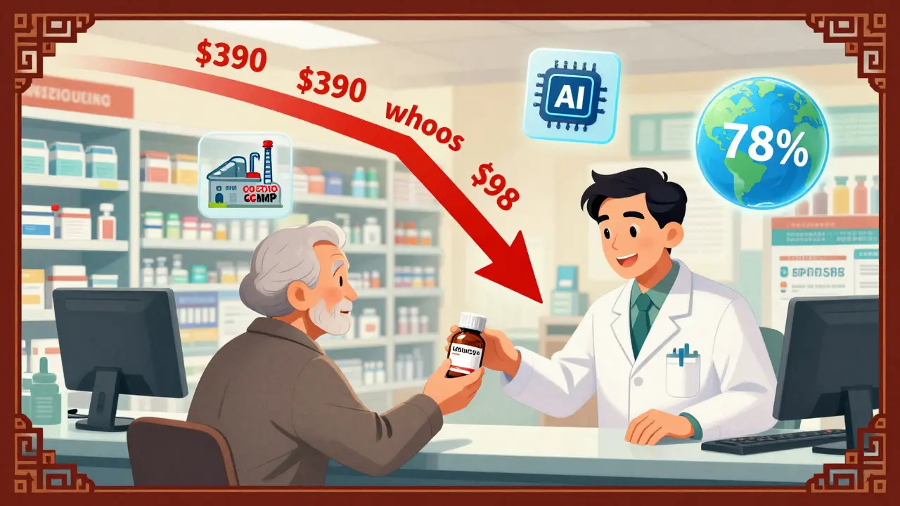 Pharmacist giving generic insulin to patient, price dropping from 0 to , import and AI icons floating above