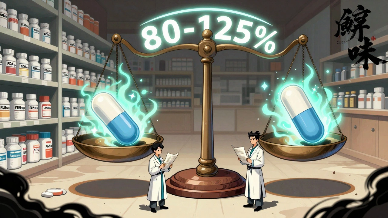 Pharmacy shelf with generic and brand pills balanced on a scale, surrounded by scientists and a glowing FDA approval halo.
