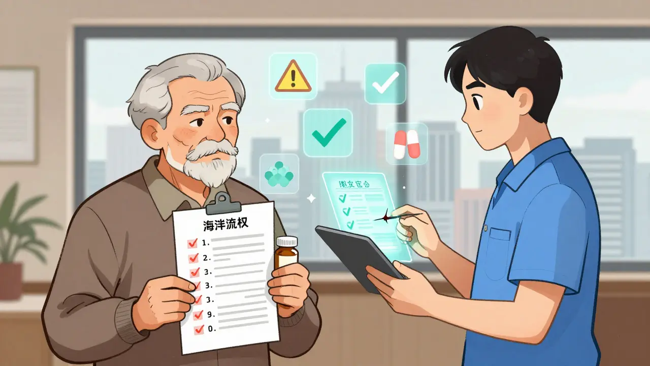 Senior and professional advocate using tablet to check drug interactions with visual cues floating nearby.