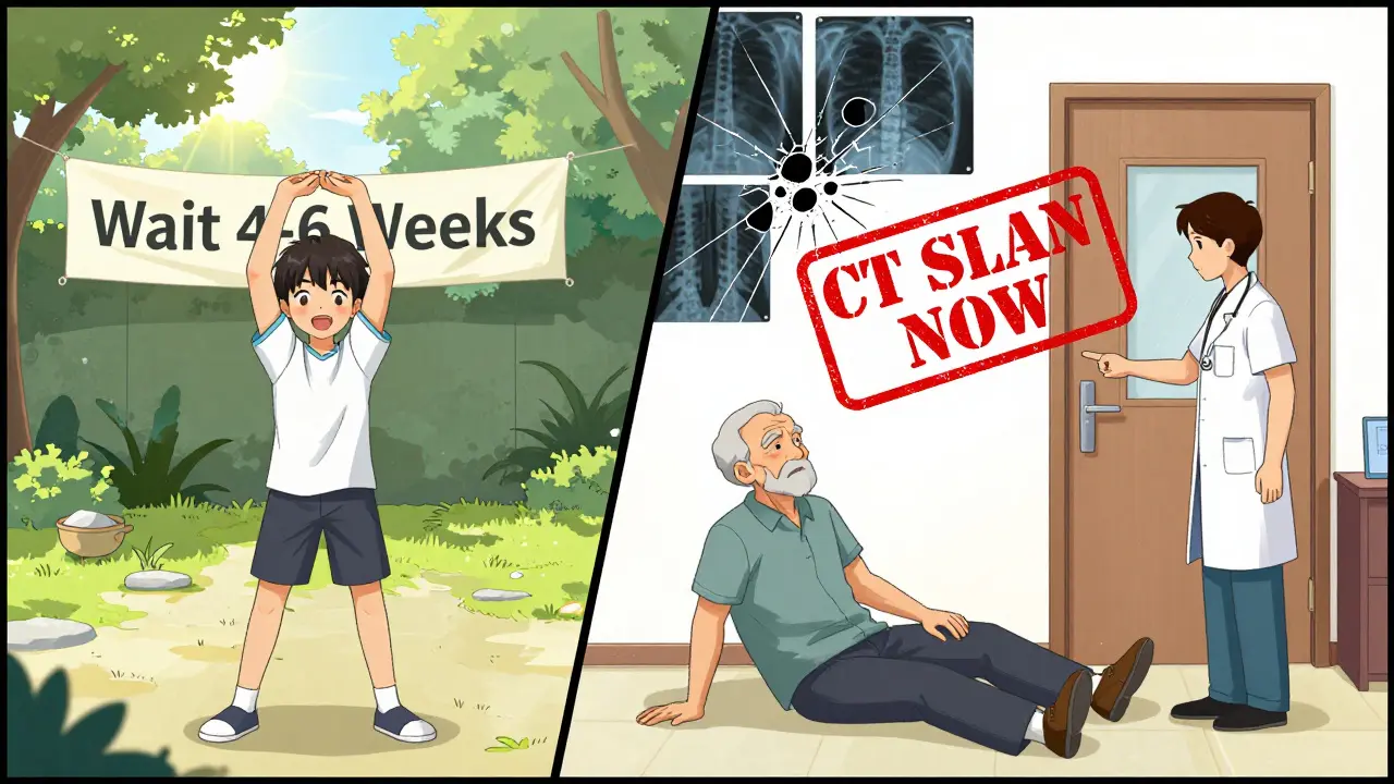 Split illustration: one side shows gentle recovery, the other shows urgent need for CT scan after fall.