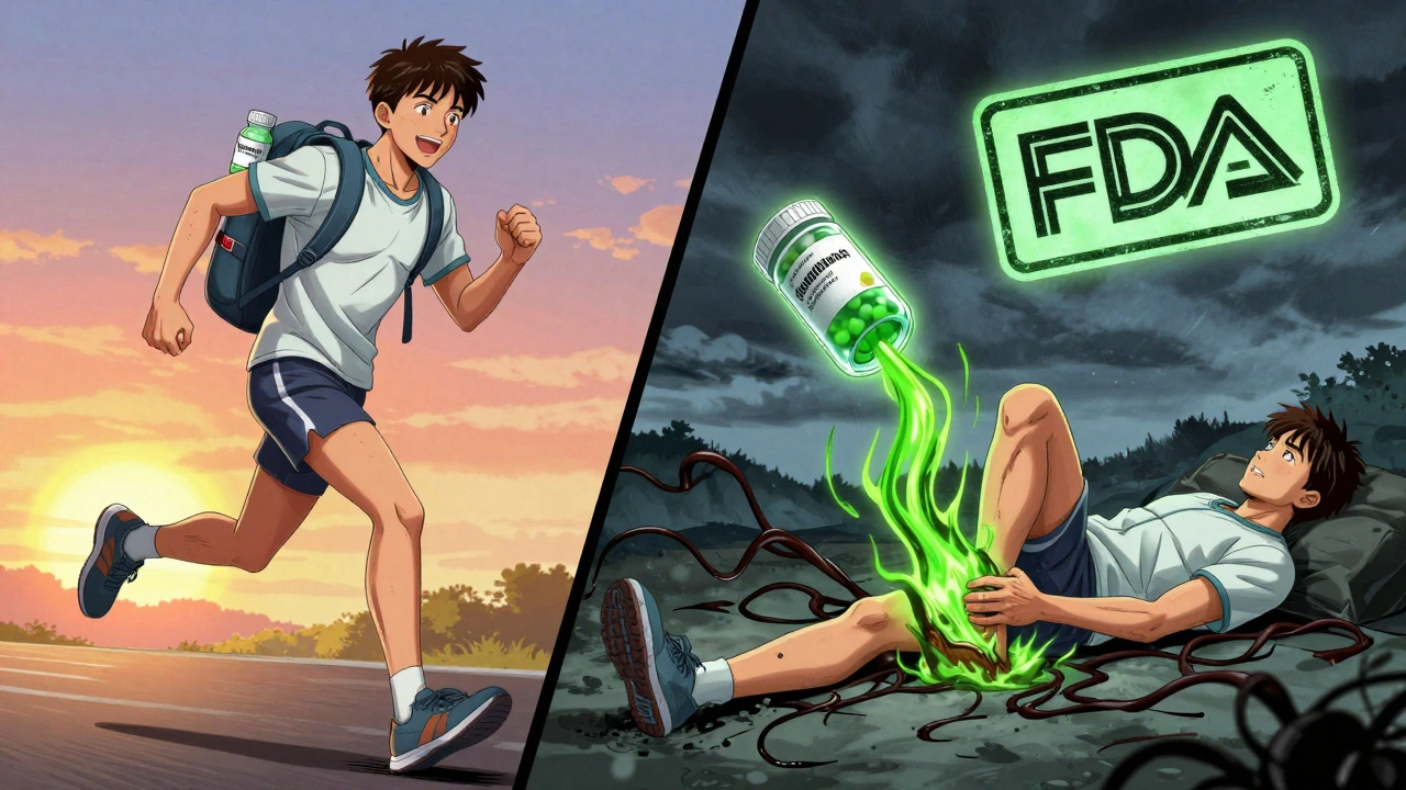 Split image: healthy runner vs collapsed patient, toxic energy spreading from antibiotic bottle