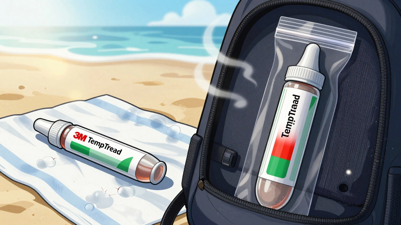 Split image: one EpiPen degraded by sun exposure, another safely stored in a dark sock — visual warning label shows green vs red.