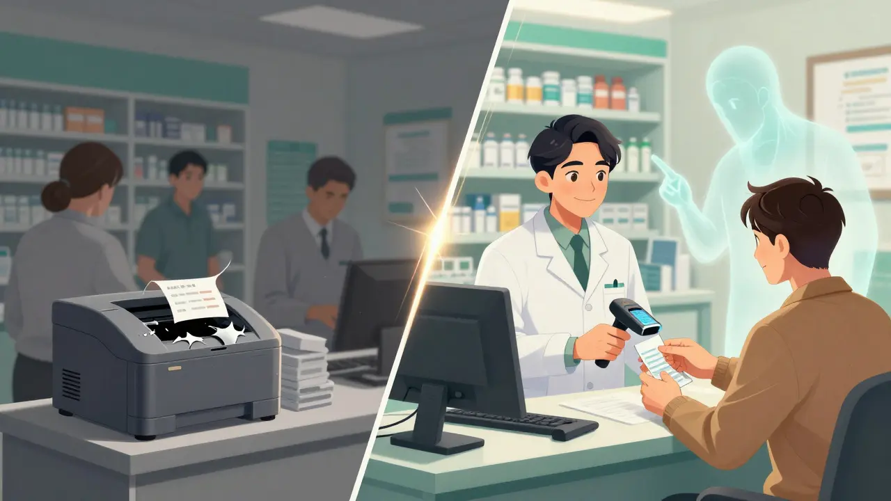 Split scene: a chaotic pharmacy transforms into a safer one with barcode scanners, guided by the unseen patient who reported the error.