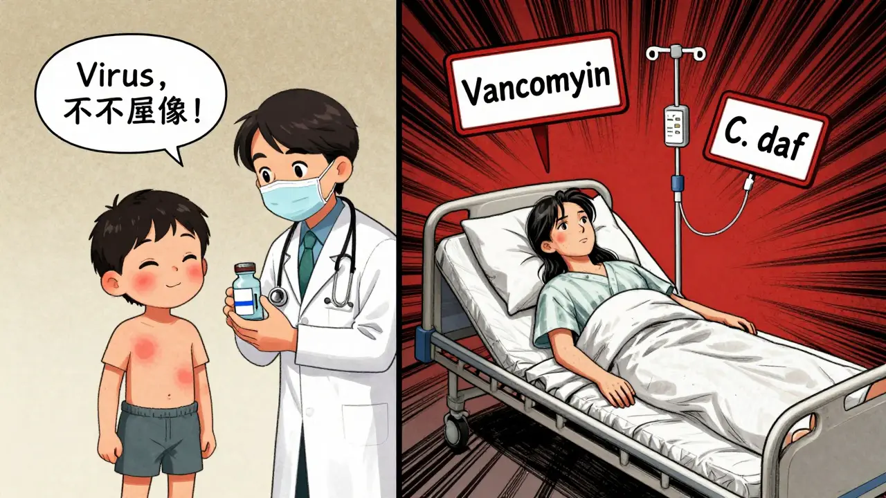 Split scene: child with rash smiling beside penicillin, adult in hospital surrounded by dangerous antibiotic warnings.
