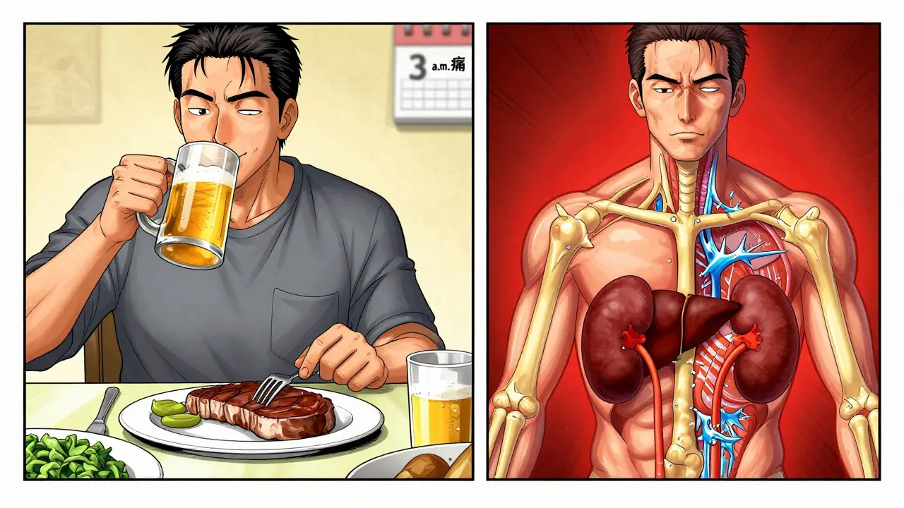 Split scene: man eating steak and beer while internal crystals form in joints, exaggerated medical imagery.