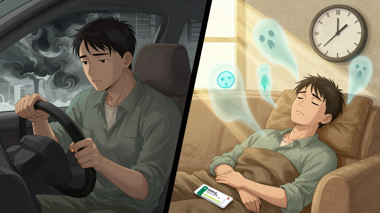 Split scene: one side shows a driver with storm clouds near triptans, the other shows restful sunlight with gepants and fading side effect ghosts.