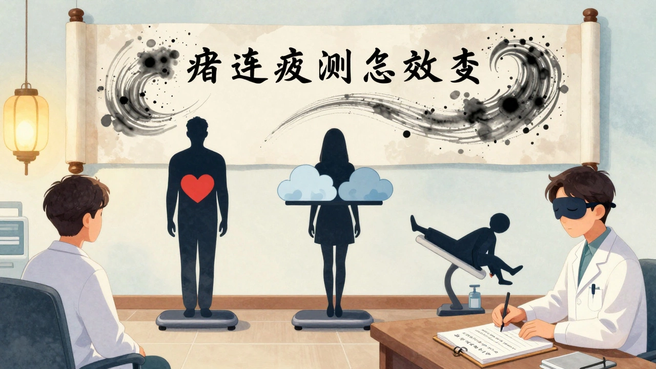 Three patient silhouettes on a scale in a doctor’s office, each weighed down by different migraine drug side effects in ink-wash manhua style.