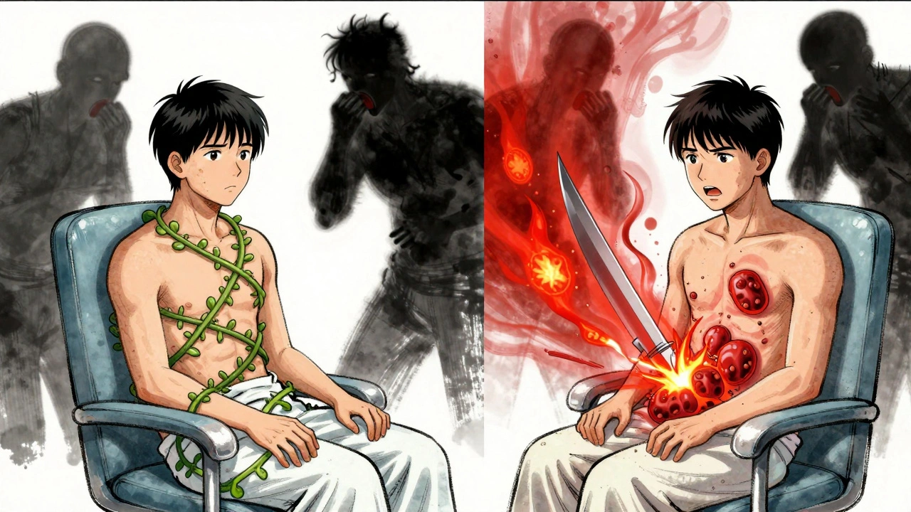 Two patients: one safe with green vines protecting granulomas, another with red blades destroying them and releasing TB spores, in manhua style.