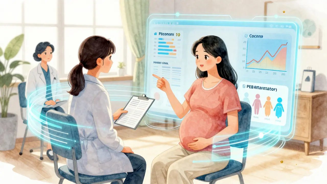 Woman using a glowing digital tool to visualize medication safety during pregnancy with medical team.