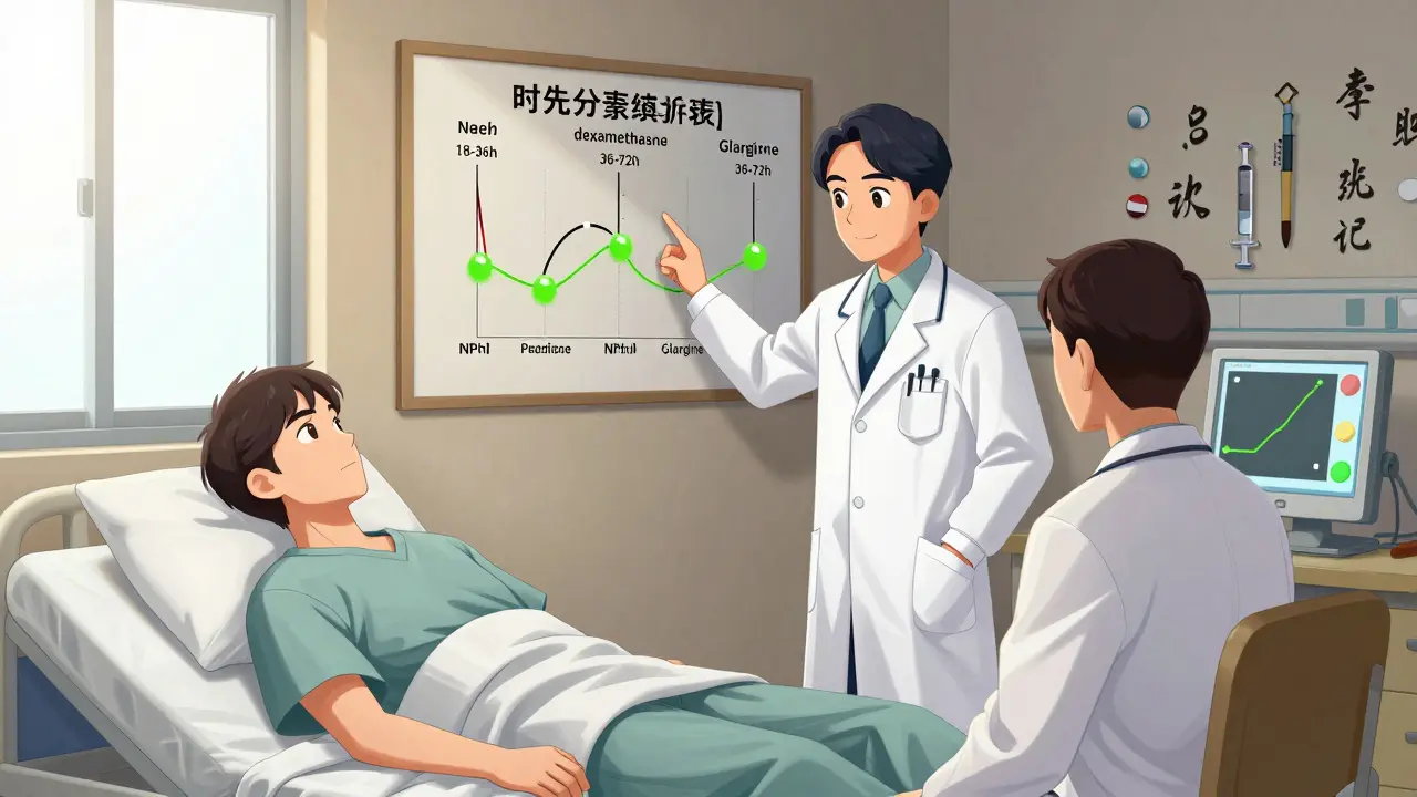 A doctor explains steroid and insulin timing charts in a hospital room, with a patient watching a CGM showing a slow glucose rise.