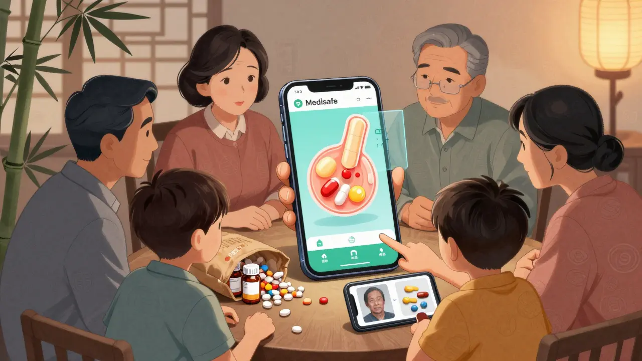A family uses a smartphone app to scan and compare pills, with a brown bag of medications on the table and a digital pill model floating above