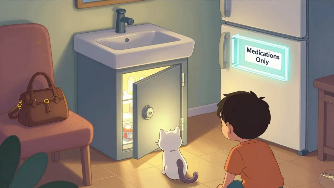 A locked medicine safe under a sink, with a child and cat looking up, fridge labeled 'Medications Only' in background.