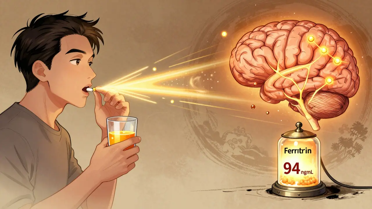 A man taking iron with vitamin C as golden particles flow into his brain, lighting up dopamine neurons.