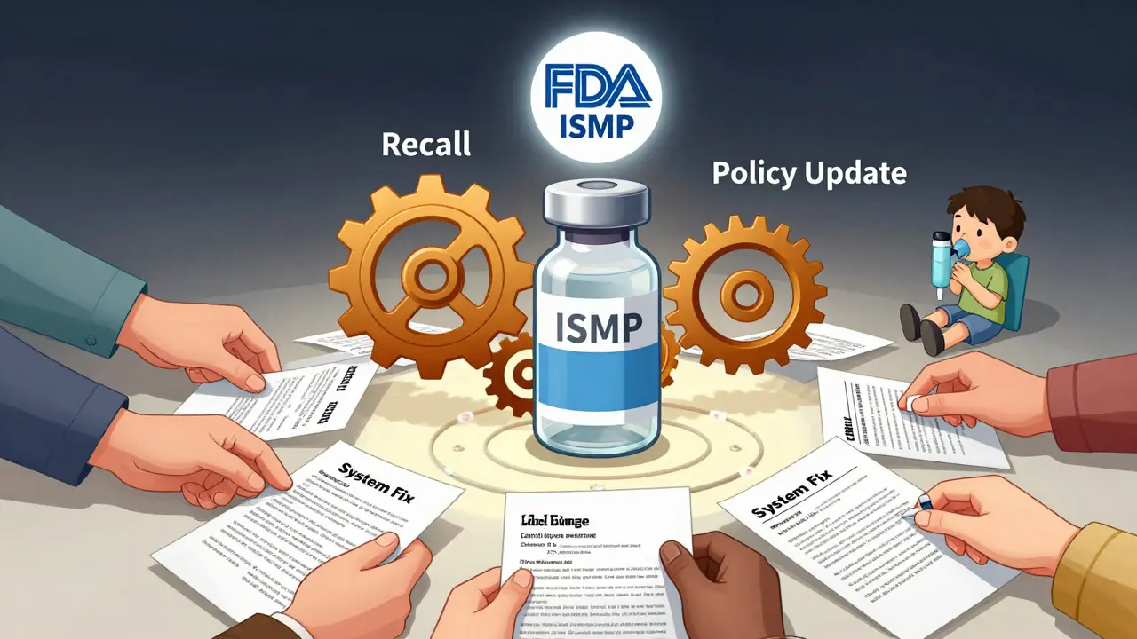 A medication vial transforms into gears representing system improvements, with anonymous hands submitting reports to a national safety portal.