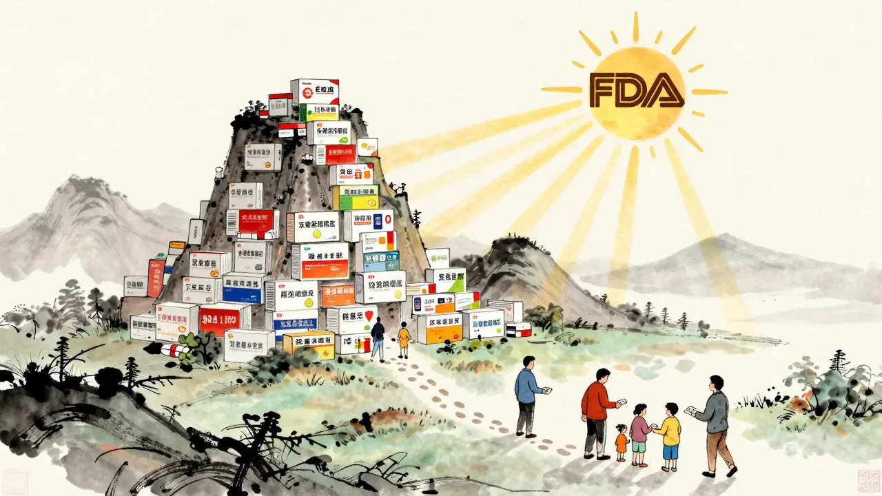 A mountain of expensive brand drugs towers over a valley of affordable generics, with people thriving below.