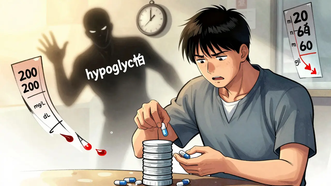 A patient lowers steroid pills and insulin vials simultaneously as a shadowy hypoglycemia figure looms, blood sugar numbers falling.