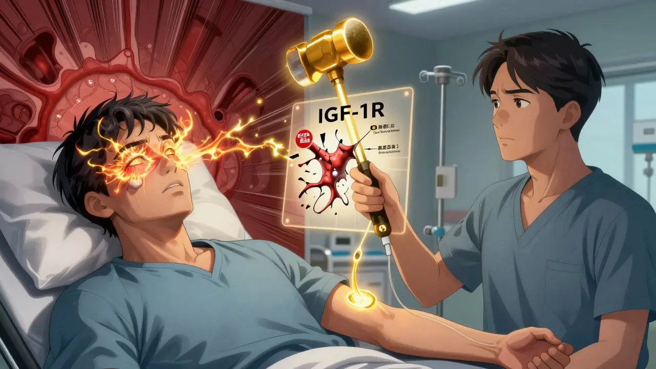 A patient receiving Tepezza infusion as golden energy reduces eye swelling, shown in dynamic Chinese manhua art.