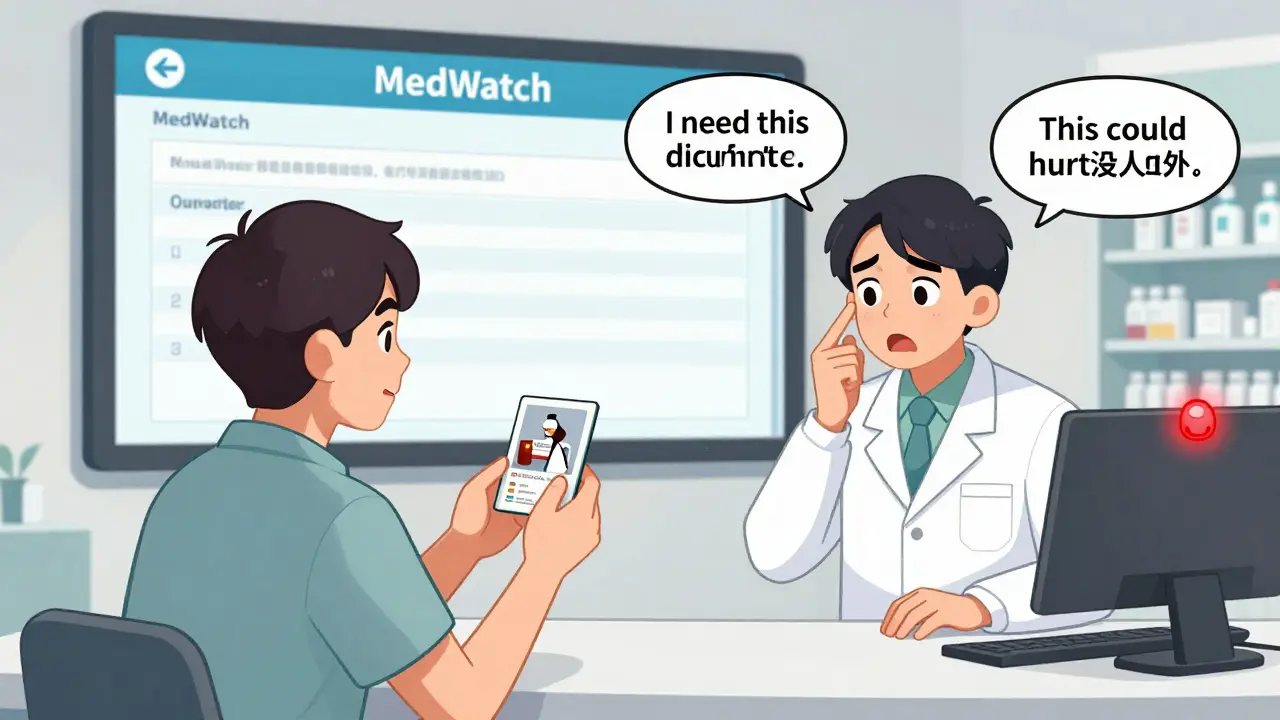 A patient speaks to a pharmacist, showing a photo of a mislabeled pill while a MedWatch form appears on a screen behind them.