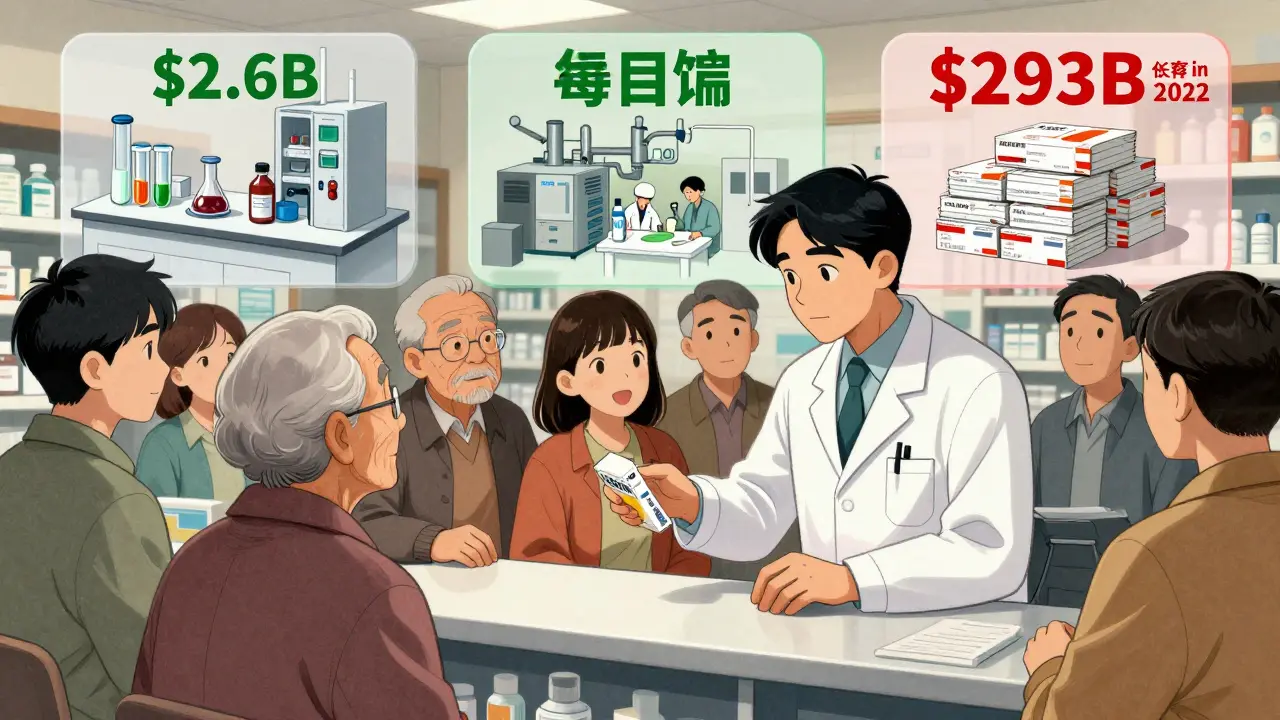 A pharmacist explains generics to diverse patients, with visual overlays showing drug development and savings.