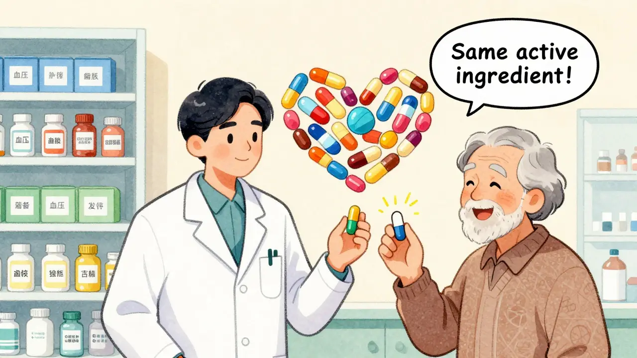 A pharmacist explains to an older patient that two different-looking pills are the same medicine, with color-coded drug types in background