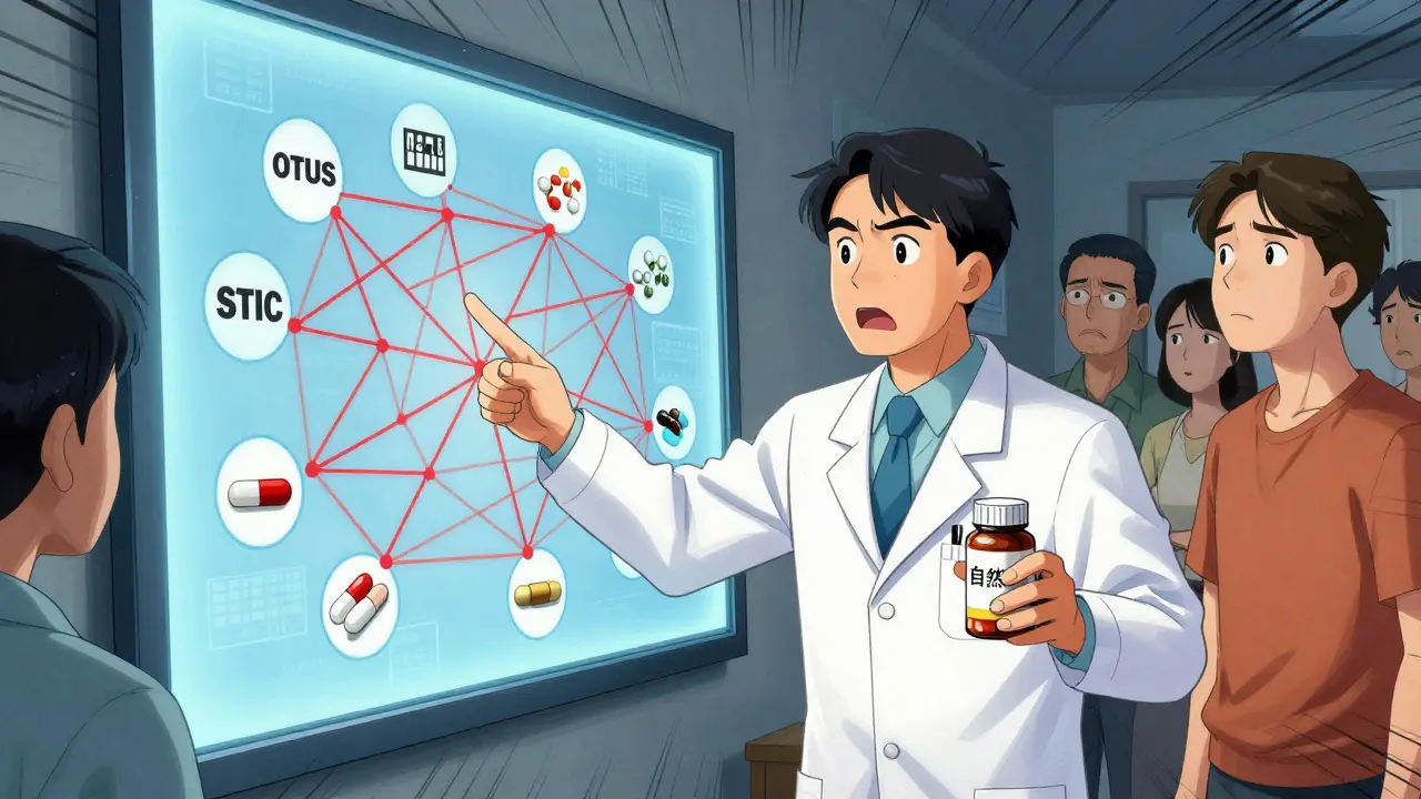 A pharmacist showing a web of dangerous drug interactions on a screen while confused patients look on.