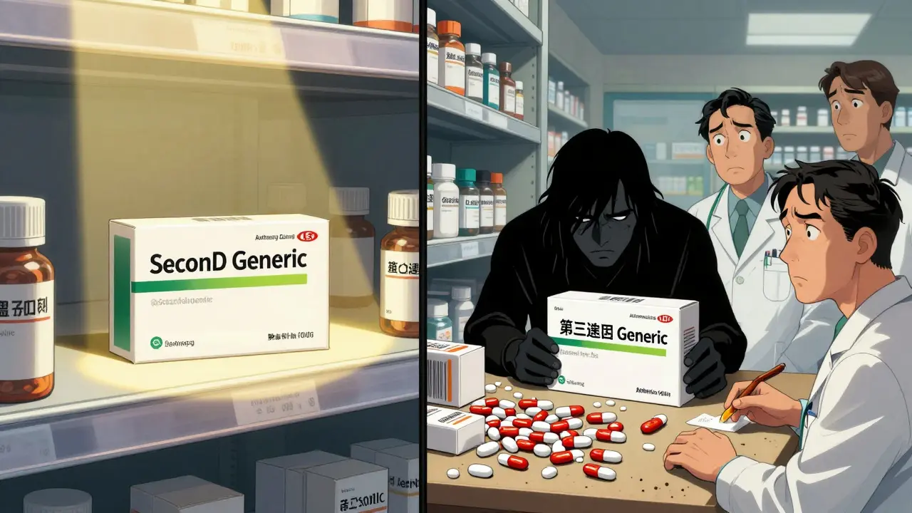 A pharmacy shelf shows one dominant generic drug under spotlight while others gather dust.