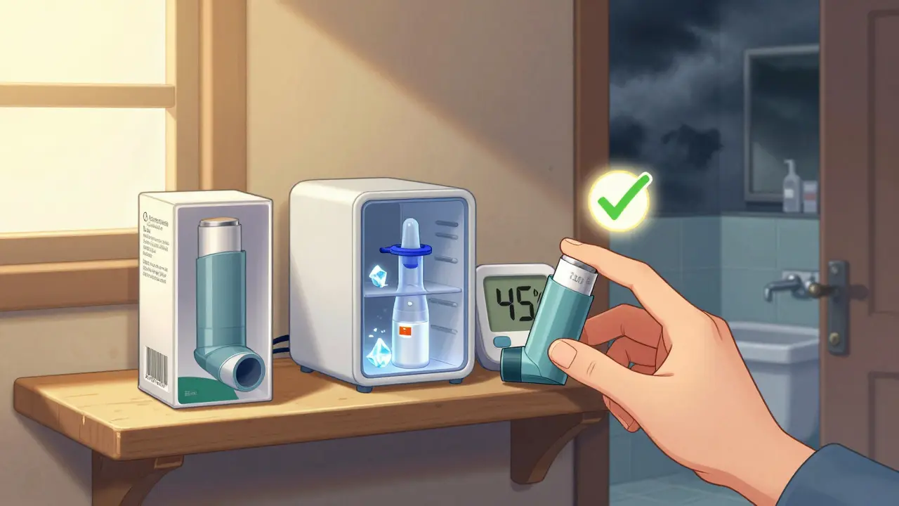 A safe storage shelf with inhaler, nebulizer ampule, and humidity monitor in a calm bedroom.