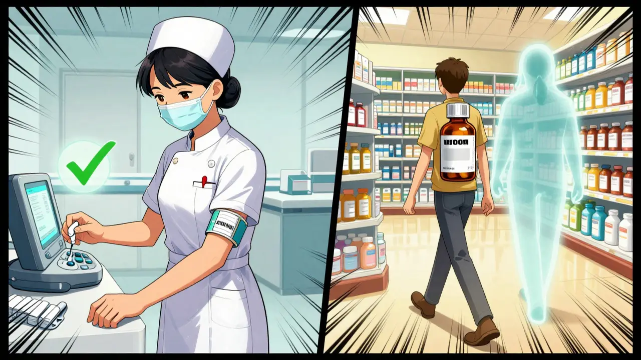 A split scene shows a safe barcode scan in a hospital versus a patient walking out with a hidden pharmacy error.