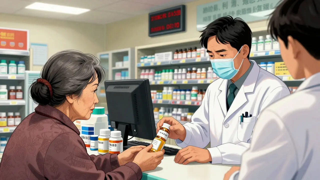 An elderly woman receives a mislabeled prescription at a crowded pharmacy, unaware of the dangerous error.