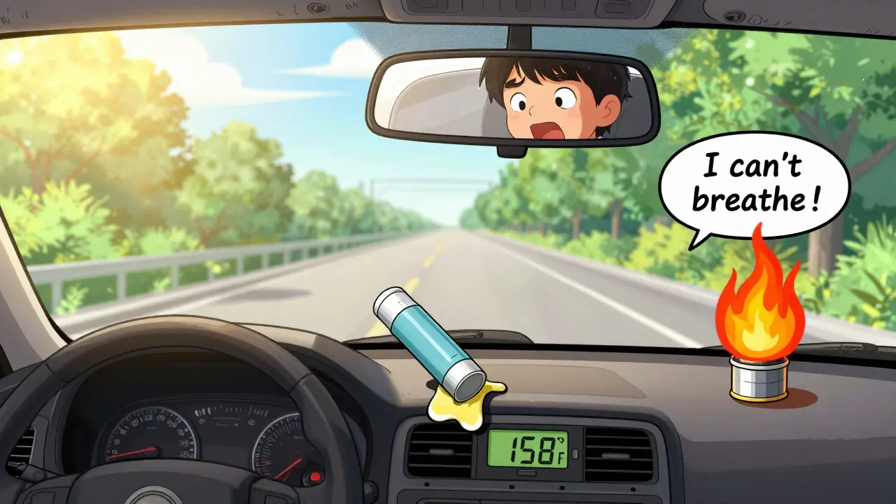 An inhaler melting on a hot car dashboard as a child struggles to breathe.