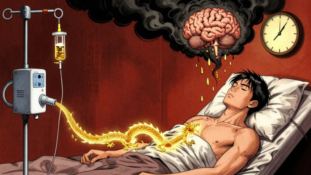 An IV infusion of iron transforms into golden particles entering the brain, dissolving dark clouds above.