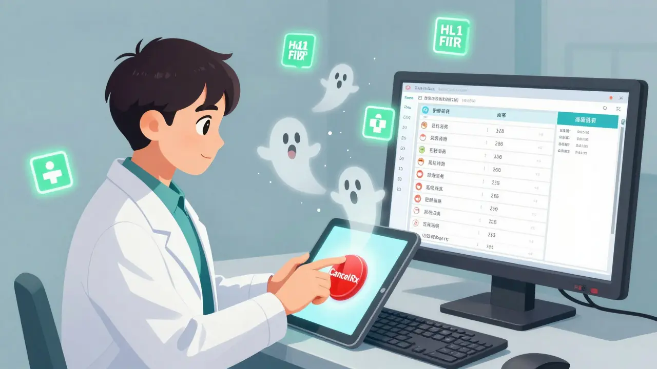 Doctor clicking CancelRx button as duplicate prescriptions vanish, clean medication list visible on monitor.